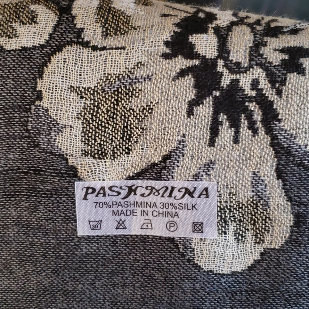Reversible Silk Pashmina Scarf Wrap – Black Tan Cream Gray Floral